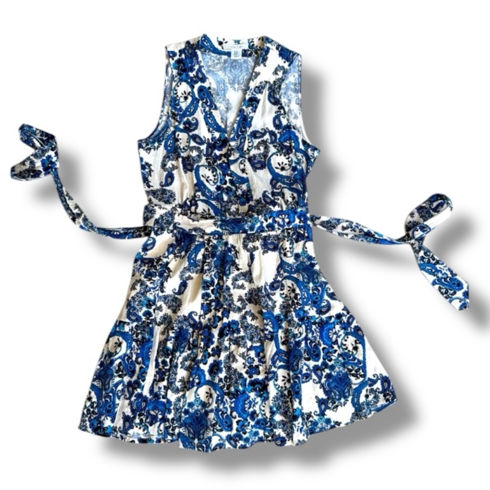 Christian LaCroix Blue/White Floral Linen Sleeveless Mini Wrap Dress Medium - Picture 2 of 14